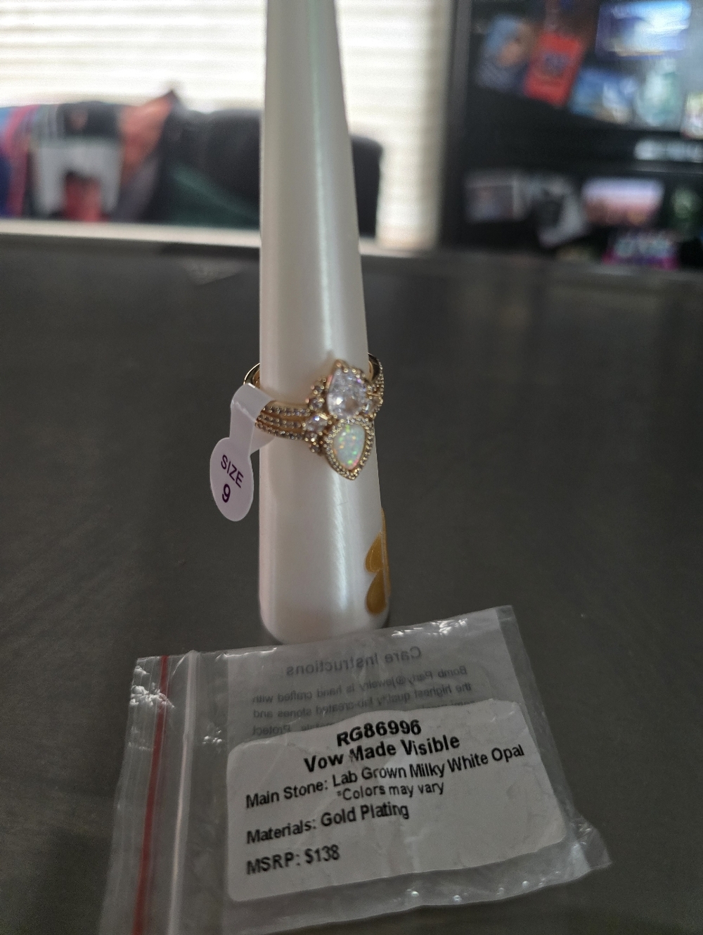 Gold-Plated White Opal & Cubic Zirconia Ring - Size 9 Vow Made Visible